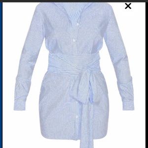 Marsie Blue Pinstripe Tie Waist Shirt Dress